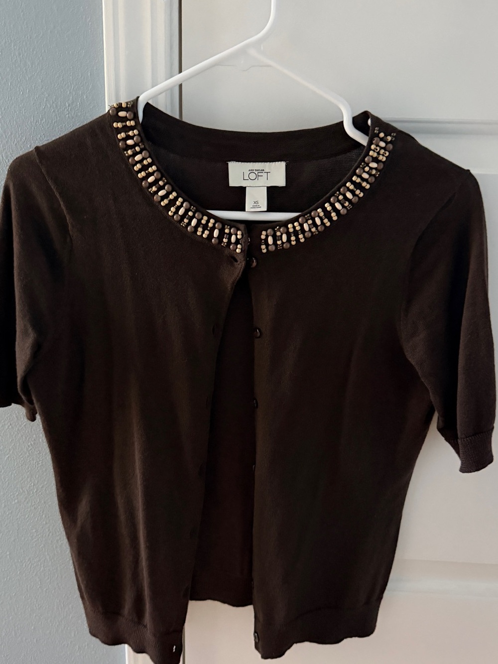 Ann Taylor LOFT Brown Beaded Collar Cardigan